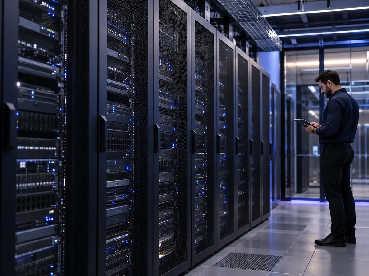 Illustrative enterprise server room with an engineer reviewing the infrastructure